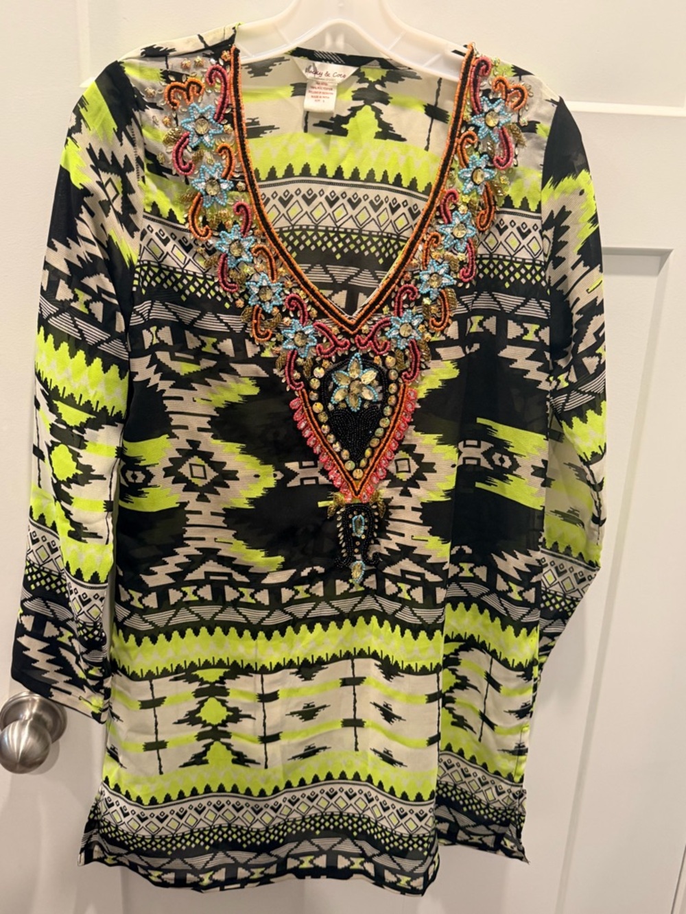 Lucky & Coco Boho Tunic Dress Small Embellished Beaded V Neck Festival Top